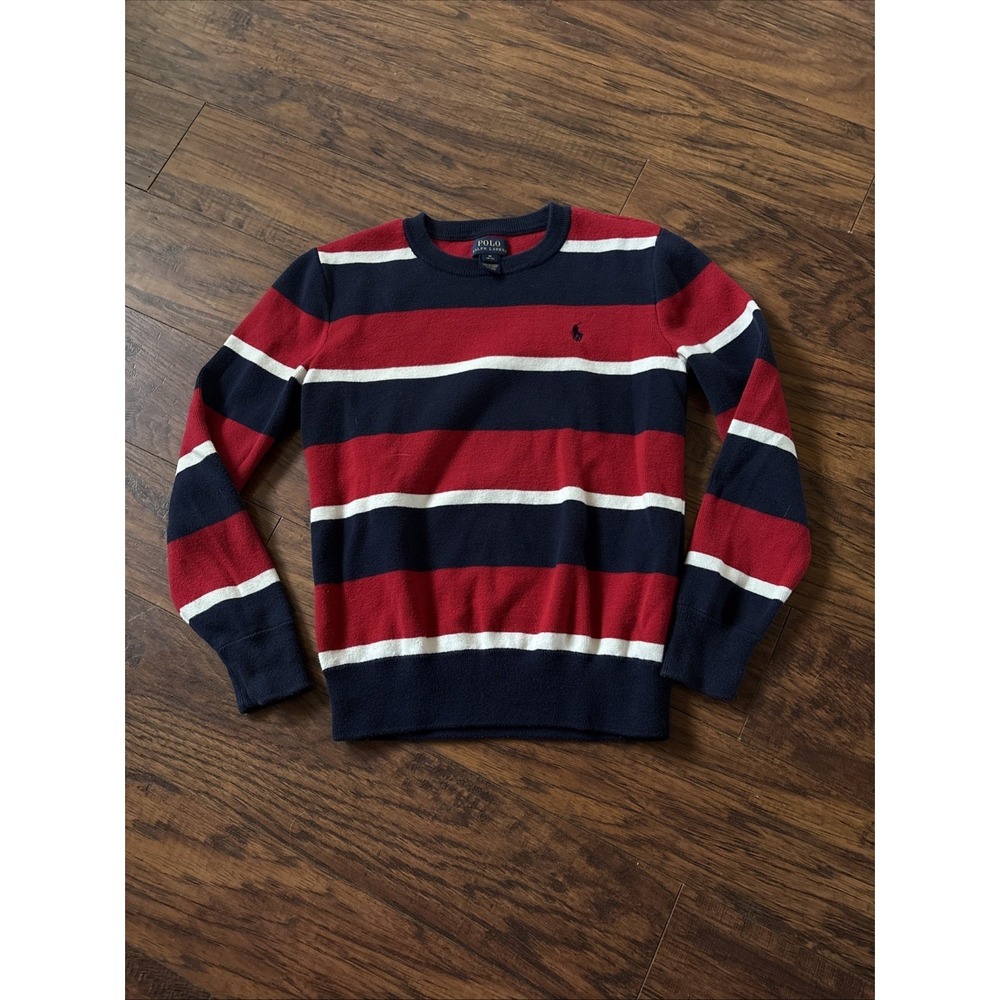 Polo Ralph Lauren Sweater Youth 10-12 Striped Crew Red White Blue Pullover